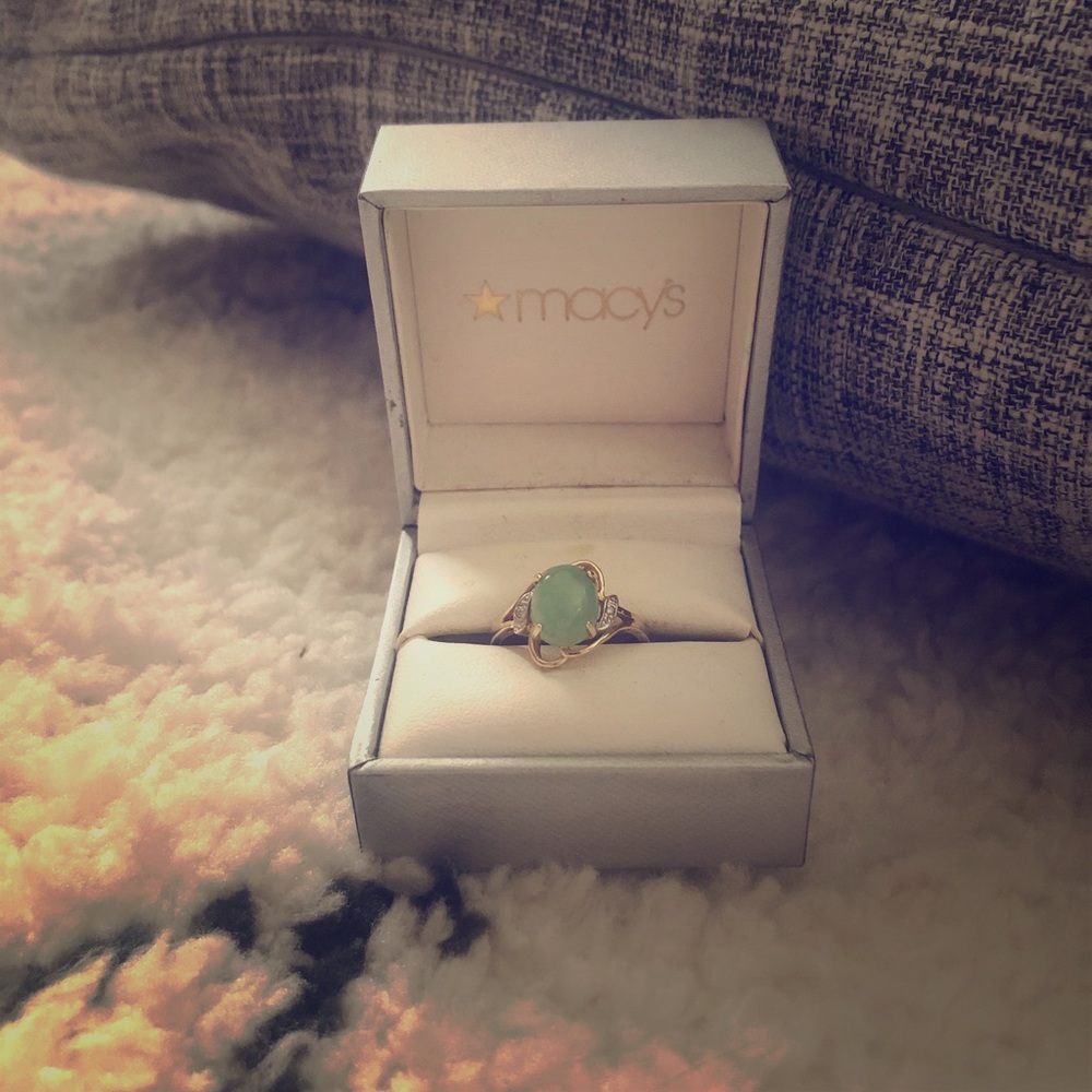 Green  Chalcedony Ring with Diamond Sidestones